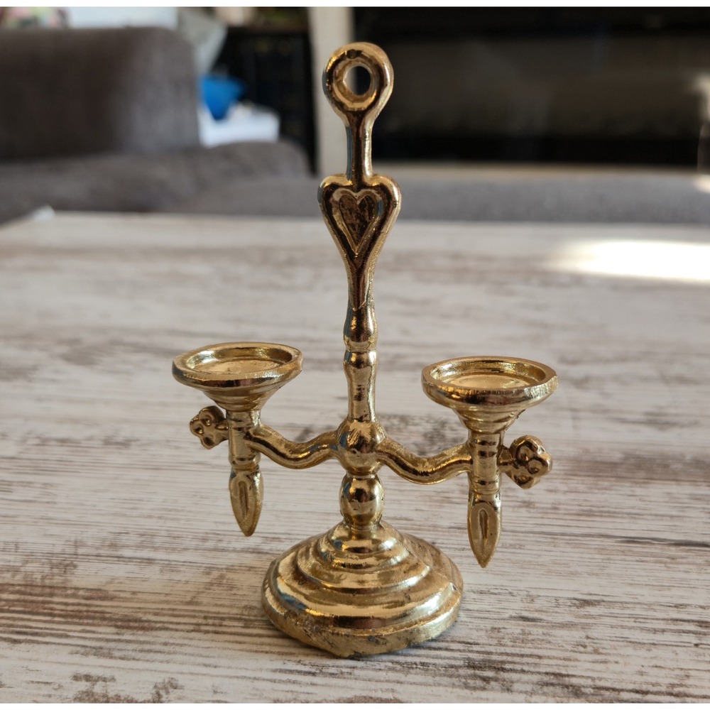 Vintage Miniature Brass Candlestick Holder 2-Arm Heart Taper Candle Holder Small